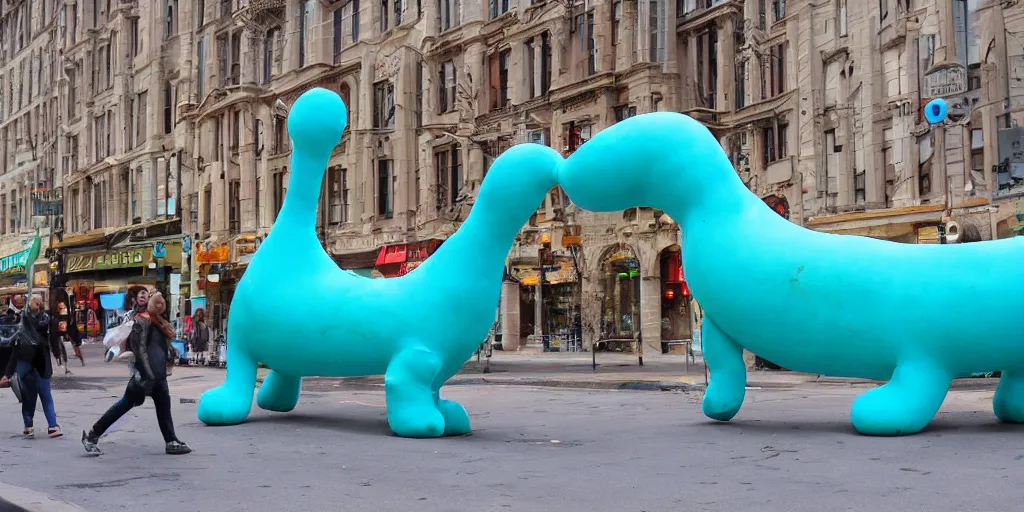 Image similar to huge turquoise wiener - shaped creatures walk around the city