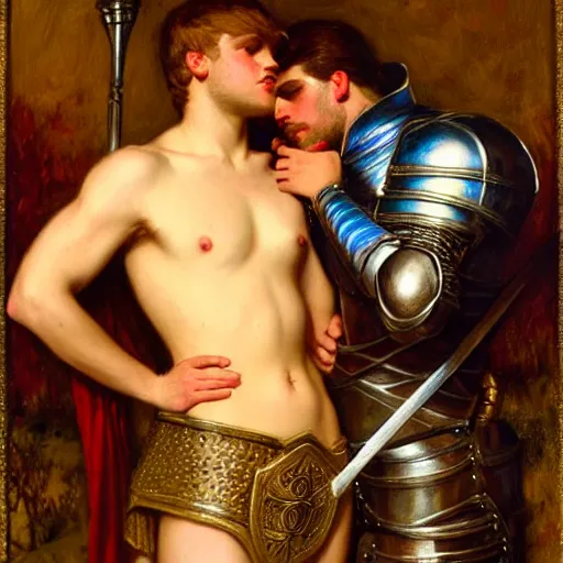 Image similar to attractive fully clothed arthur pendragon confesses his love for his attractive fully clothed male knight. highly detailed painting by gaston bussiere and j. c. leyendecker 8 k