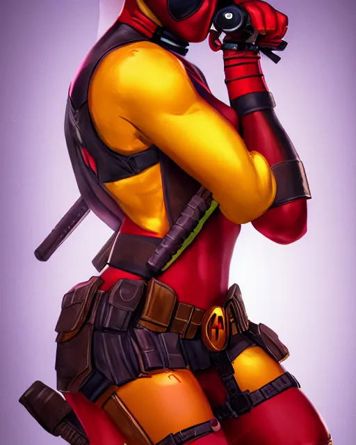 Image similar to beautiful deadpool as honey, made of honey, wearing honey - themed miniskirt, award winning creature portrait photography, extremely detailed, artstation, 8 k, sensual lighting, incredible art, wlop, artgerm, backlit, rim lighting, hi - fructose