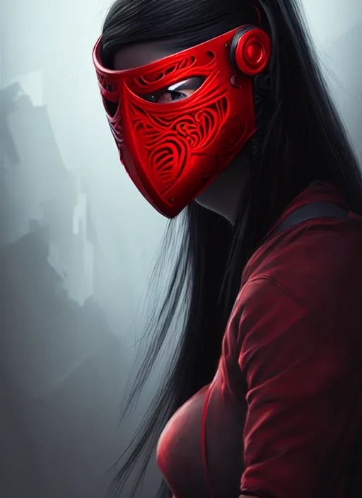Image similar to portrait of long black hair girl within a red steel mask and techwear. cynical face, concept art, cyberpunk illustration, intricate, highly detailed 8 k, smooth, matte, sharp focus, rim light, beautiful and aesthetic shape of face and body, artgerm, artstation, art by gharliera and rinotuna and junpei