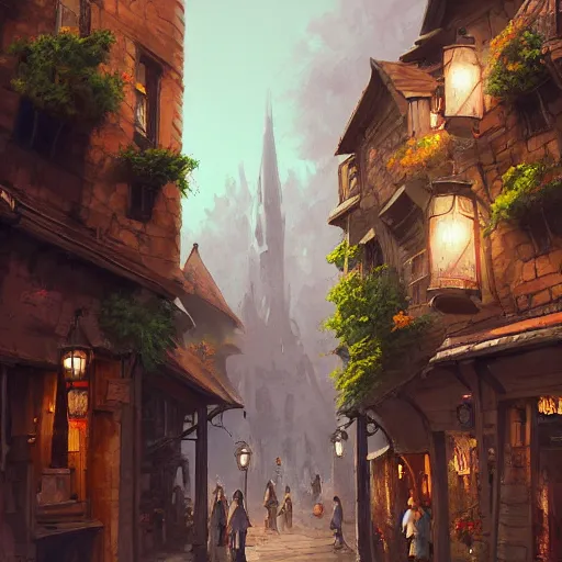 Prompt: a busy street within a fascinating old fantasy city, quirky shops, narrow streets, old buildings, old stone steps, street life, by Sylvain Sarrailh, cinematic, stunning composition, beautiful detailed digital painting, oil painting, dungeons and dragons, lord of the rings