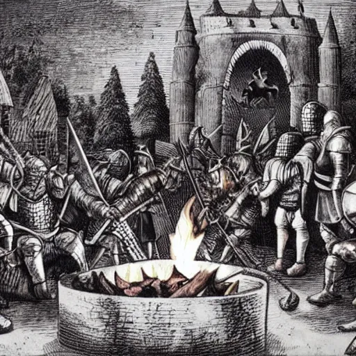 Prompt: Medieval knights gathered around a firepit surrounded by werewolves