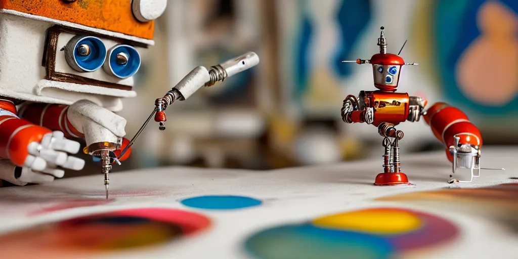 Image similar to closeup portrait of tin toy retro robot painter mixing gouache on white paper table in an artist workshop, depth of field, zeiss lens, detailed, centered, fashion photoshoot, by nicoletta ceccoli, mark ryden, lostfish, breathtaking, 8 k resolution, extremely detailed, beautiful, establishing shot, artistic, hyperrealistic, octane render