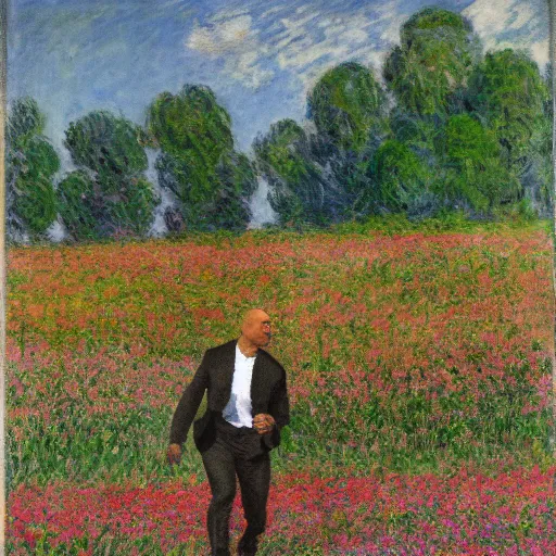 Image similar to Dwayne Johnson frolicking in a field of flowers, painting by Claude Monet, colorful
