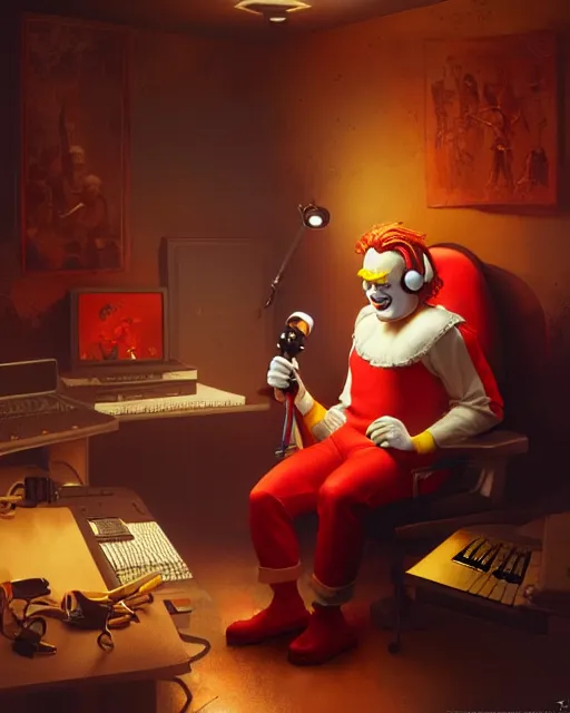 Image similar to ronald mcdonald with headphones at his home studio producing music late at night, very detailed, 4 k, concept art like ernest khalimov, intricate details, highly detailed by greg rutkowski, ilya kuvshinov, gaston bussiere, craig mullins, simon bisley