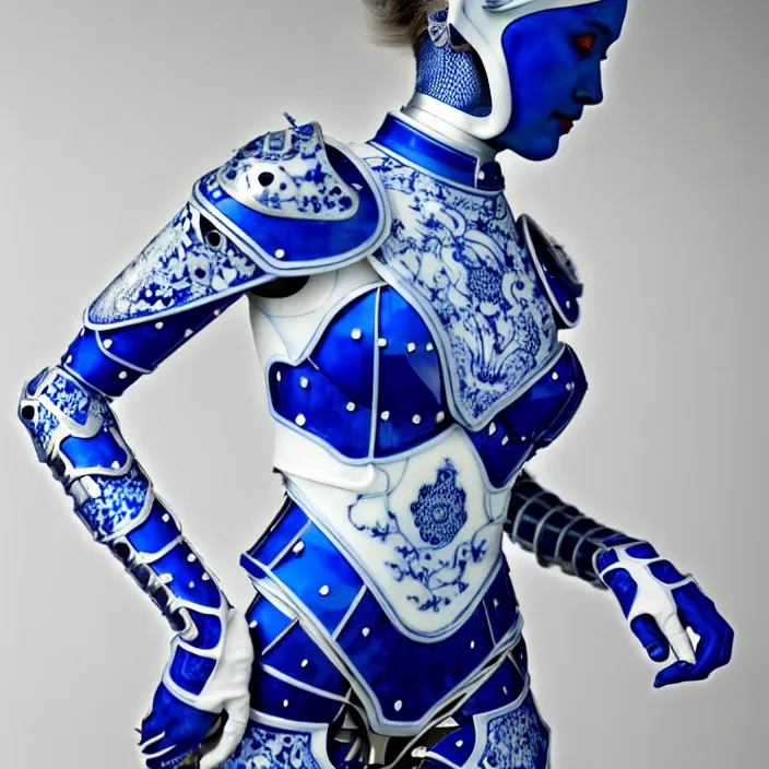 Image similar to porcelain cyborg armor, Chinese Blue and white porcelain 14th century, diffuse lighting, fantasy, intricate, elegant, highly detailed, lifelike, photorealistic, digital painting, artstation, illustration, concept art, smooth, sharp focus, art by John Collier and Albert Aublet and Krenz Cushart and Artem Demura and Alphonse Mucha