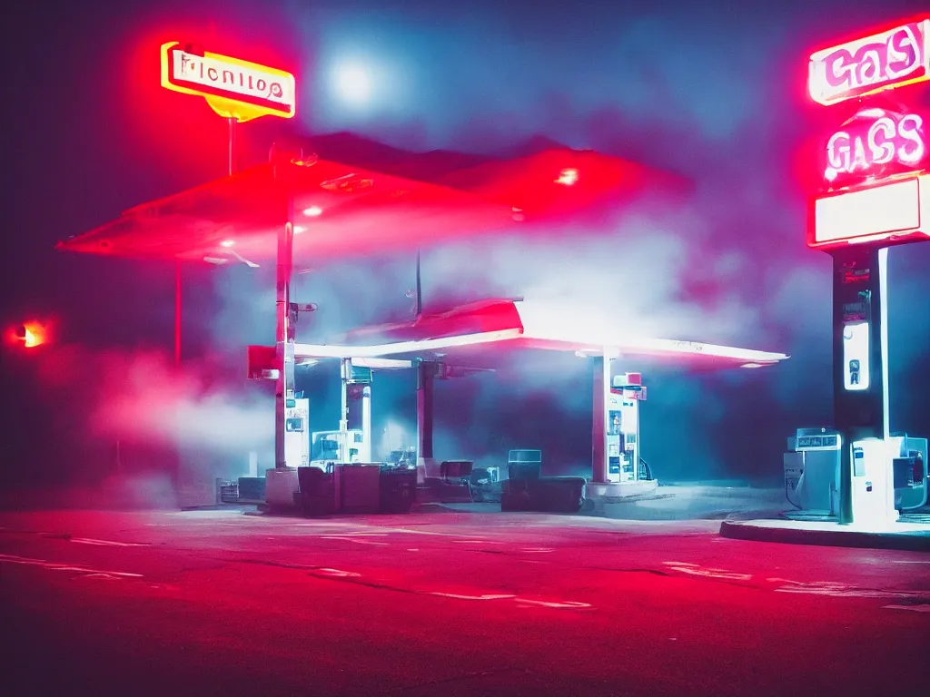 Image similar to “photography of gas station , fog, blue and red lights, night, mood, atmospheric, full of colour, digital photography”