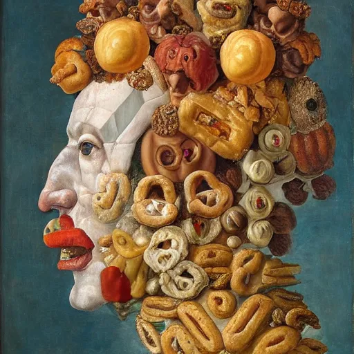 Prompt: a head made out of pastries and cakes by giuseppe arcimboldo, oil on canvas