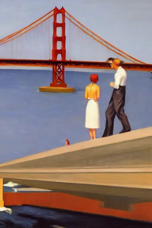 Image similar to edward hopper style!!! a lesbian couple!! romantic, mid century, golden gate bridge in the background!!!