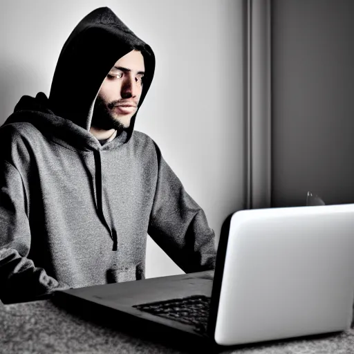 Prompt: a thief in a hoodie sits in front of a computer, dslr 5 0 mm, photography