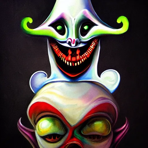 Image similar to beautiful painting of the jester mushroom joker god in the style of Welder Wings and H. R. Giger. Dark background, detailed, trending on Artstation