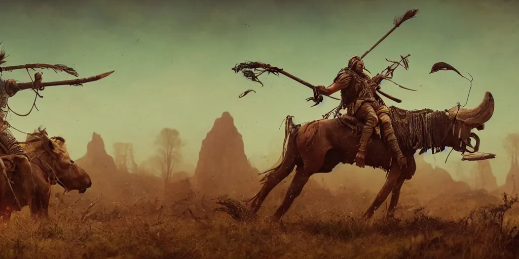 Image similar to an ancient tribesman riding an ancient motorcycles, motorized indians hunting buffalo ,attacking, chase, action scene, an epic fantasy, dramatic lighting, cinematic, establishing shot, extremely high detail, photorealistic, cinematic lighting, artstation, octane render, by simon stalenhag, horizon forbidden west,old photo, vintage