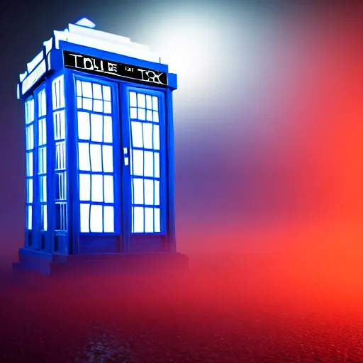 Image similar to a hyperdetailed photograph of the tardis sat on a futuristic street corner, night, dense fog, rain, hd, 8 k resolution