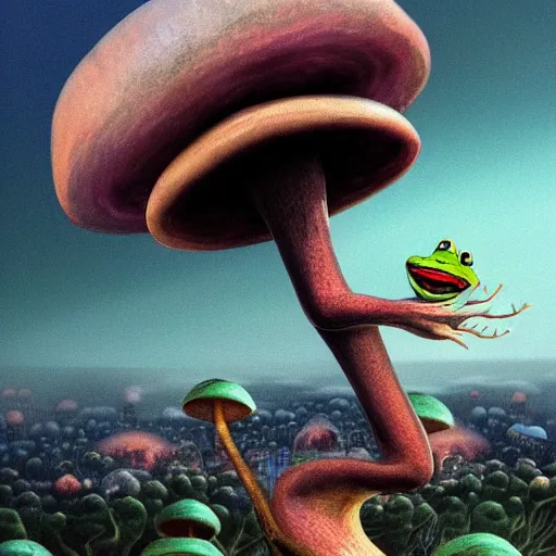 Image similar to A close up portrait of a dignified psychedelic godlike anthropomorphic frog smoking an anime blunt , magic mushroom village in background . award winning. superb resolution. in the art style of junji Ito and greg rutkowski . Detailed Mushroom city in background. Hyper realistic anime. Perfect art. Dalle2