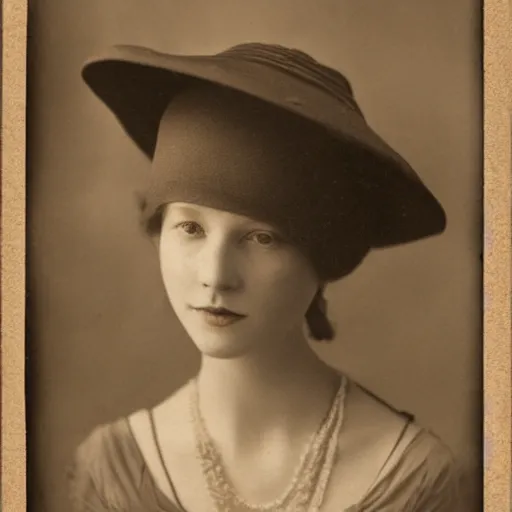 Prompt: a medium shot portrait of a young beautiful woman with a hat on, cinematic lighting, studio quality, high quality, smooth, sharp focus, circa 1 9 1 0, vintage, single face, medium shot