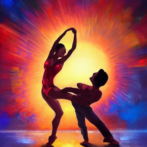 Prompt: semi realistic portrait of The sun is exploding while Latino Cubans Dancers Salsa Dancing by Stanley Artgerm Lau, sun exploding on the background, Gesture draw, Salsa Social Dance, couple, Salsa tricks, explosive background, WLOP, Rossdraws, Gesture draw, James Jean, Andrei Riabovitchev, Marc Simonetti, and Sakimichan, trending on artstation