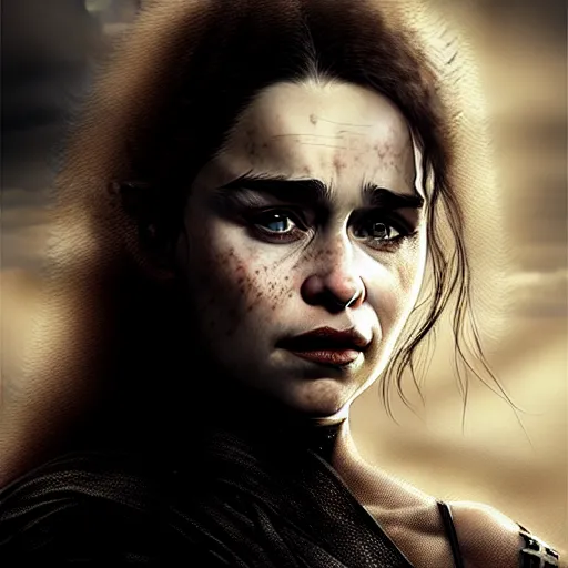 Image similar to emilia clarke dark film nior, character headshot portrait, sharp, digital matte painting, art by luis royo, greg rutkowski, wlop, dramatic lighting, trending on artstation