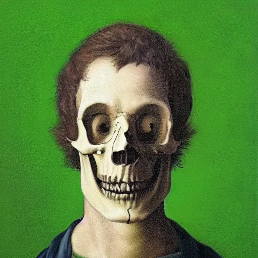 Prompt: self portrait by a skull, green background