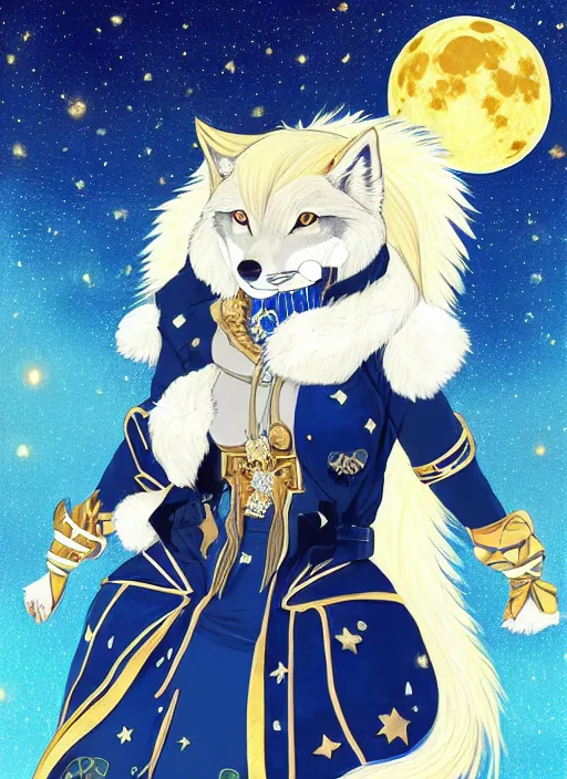 Image similar to commissioned full body portrait of a female anthro wolf princess fursona with a furry wolf head and white hair wearing a blue and gold Japanese armored dress in a white and gold palace on a starry night with a large crescent moon, by a professional manga illustrator, by Kilian Eng, by Sandra Chevrier, trending on artstation