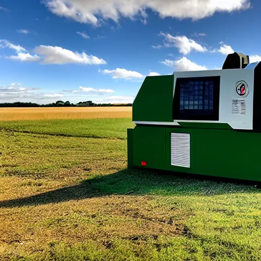 Prompt: cnc lathe from haas st - 3 0 stands in a green field, the sky is bright red with clouds