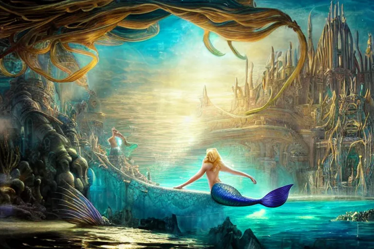 Prompt: a beautiful mermaid looking at the sunken city of Atlantis under water, rays of sunlight, stunning grand architecture, fish and sea creatures in background, art by Don Bluth, 8k octane beautifully detailed render, post-processing, extremely hyperdetailed, intricate, epic composition, grim yet sparkling atmosphere, cinematic lighting + masterpiece, trending on artstation, very detailed, vibrant colors, Art Nouveau, volumetric god rays, deep underwater scene, sharp focus, smooth, dizzy, moody