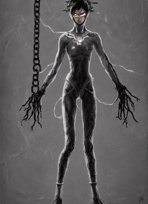 Prompt: full body horror painting of tracer from overwatch, in style of zdzisław beksinski, horror, 4 k, feminine facial features, silhoutte, black, dark, black armor, detailed face, tall, ropes and chains,