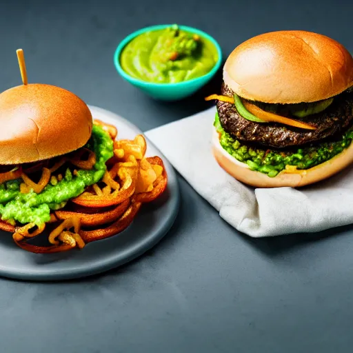 Image similar to juicy vegan hamburger topped with guacamole, fried onion and a vegan fried egg, crispy buns, 8 k resolution, professional food photography, studio lighting, sharp focus, hyper - detailed