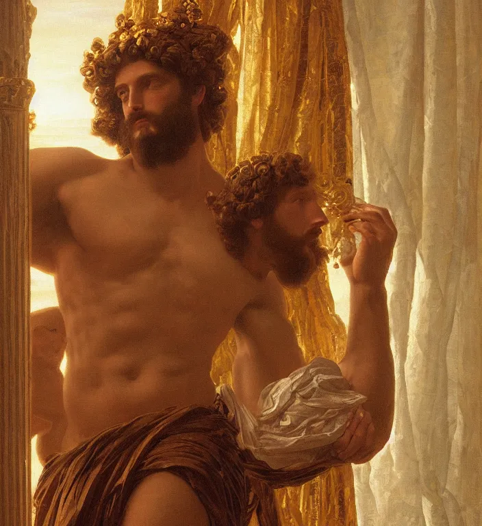 Prompt: a beautifully high detail, intricate, clear detailed portrait of a close up deptic of zeus with an ornate golden teal curtain at beautiful sunset daytime nature sunlit painting by frederic leighton and rosetti, 8 k, octane render