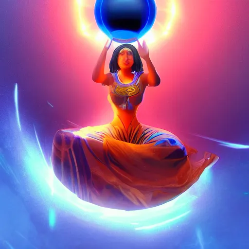 Prompt: a powerful goddess woman floating with a glowing orb of blue power in her hand, trending on artstation, colourful, powerful, dark, mysterious, unreal engine 5
