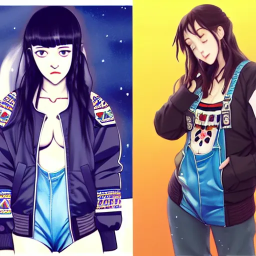 Image similar to a beautiful boyish kat dennings alluring gravure model, wearing oversized mayan bomber jacket and leotard with overalls, bulky poofy aztec native style bomber jacket with mayan patterns, gapmoe yandere grimdark, trending on pixiv fanbox, painted by greg rutkowski makoto shinkai takashi takeuchi studio ghibli, akihiko yoshida