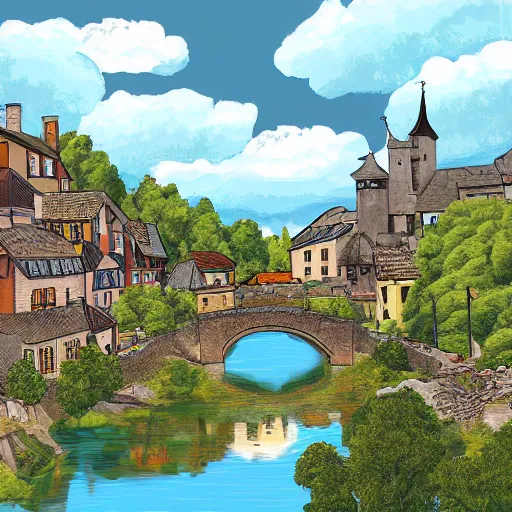 Prompt: digital painting of a picturesque small medieval town on a sunny day with stone buildings nestled at the foot of a tall mountain by a river with a bridge crossing into a dark forest.