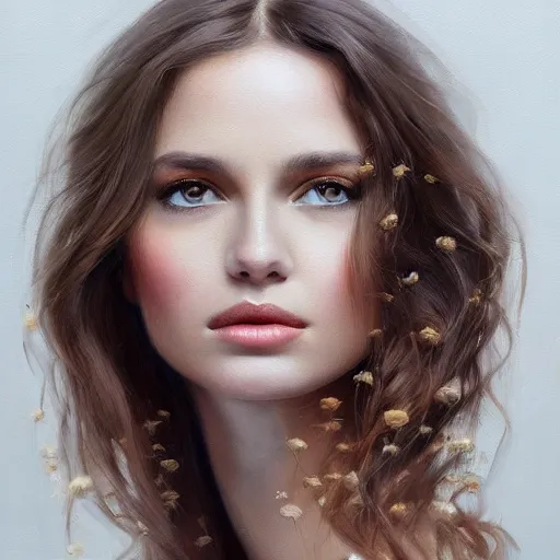 Image similar to beautiful portrait face centre oil on canvas of brunette with wavy hair Lilli Hollunder, intricate, elegant, highly detailed, artstation, concept art, sharp focus, art by Alina Ivanchenko, Rob Ross, WLUP, artgerm