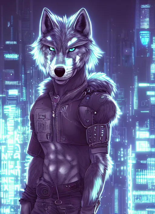 Image similar to character portrait of a male muscular anthro wolf fursona with a tail and a cute beautiful attractive detailed furry face wearing stylish cyberpunk clothes in a cyberpunk city at night while it rains. color page, tankoban, 4K, tone mapping. Nomax, Kenket, Rukis.