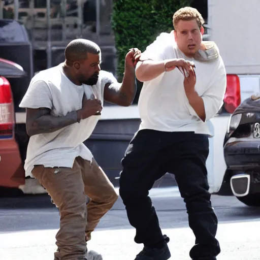 Prompt: paparazzi picture of Kanye West and Jonah Hill fighting, highly detailed