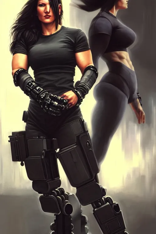 Image similar to gina carano with robotic left arm, casual black clothing, muscular, realistic proportions, casual pose, large portrait, cyberpunk, shadowrun, rpg character, digital painting, artstation, concept art, smooth, 8 k frostbite 3 engine, ultra detailed, art by artgerm and greg rutkowski and magali villeneuve