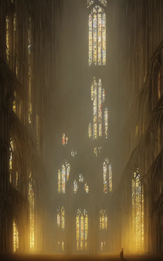 Prompt: cathedral!!!!!!!!!! interior!!! symmetrical god-rays, rays, sunlight, stained glass windows, artstation, atmospheric, epic scene, concept art, cinematic, digital, fantasy, gothic, tall, architecture, haze, smoke, octane, mood, monks!!!!!!!!! fire
