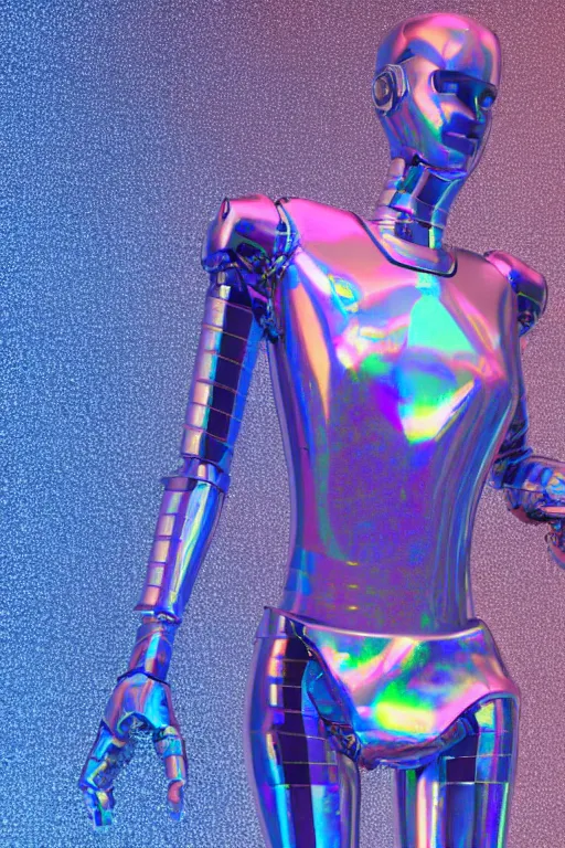 Prompt: 3d render of holographic human robotic made of glossy iridescent, full body robot, full body render, surrealistic 3d illustration of a human non-binary, non binary model, 3d model human, cryengine, made of holographic texture, holographic material, holographic rainbow, concept of cyborg and artificial intelligence