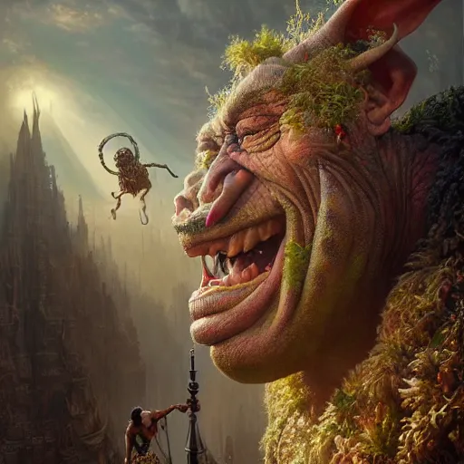 Image similar to a hyperrealistic illustration of a mix of an oger and giant and goblin, 8 k ultra realistic creature, detailed intricate, with fractal sunlight, award - winning, masterpiece, in the style of tom bagshaw, cedric peyravernay, peter mohrbacher