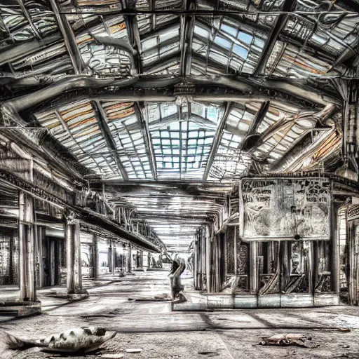 Image similar to ultra - photorealistic, abandoned fish market, urban legend portrait, intricate details, sharp focus, baroque, beautiful, symmetrical, reduce duplicate content, ultra - details perfect object, 4 k, uhd, random content position