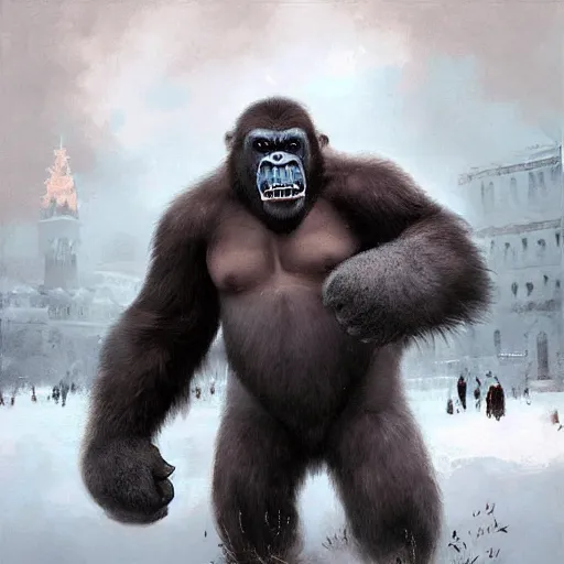 Image similar to angry and aggressive king kong in winter moscow, digital painting, very detailed, art by jakub rozalski and artgerm