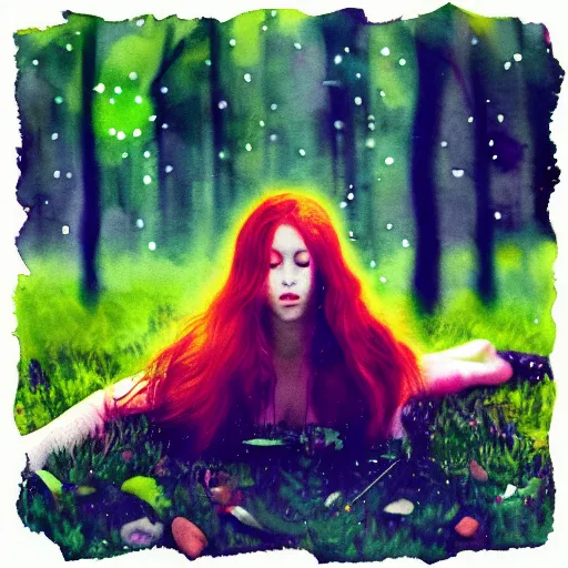 Image similar to “album cover very beautiful watercolor painting of redhead girl laying on a ground in a magic forest in a cyberpunk pixelsorting style”