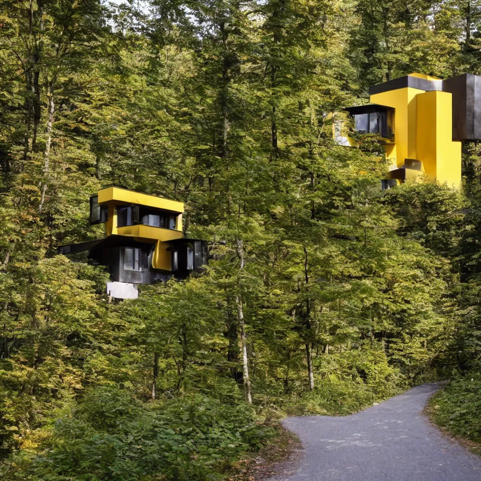 Prompt: a tiny brutalist flat horizontal house in the black forest, designed by Frank Gehry. Big tiles. Small wooden pathway . Film grain, cinematic, yellow hue