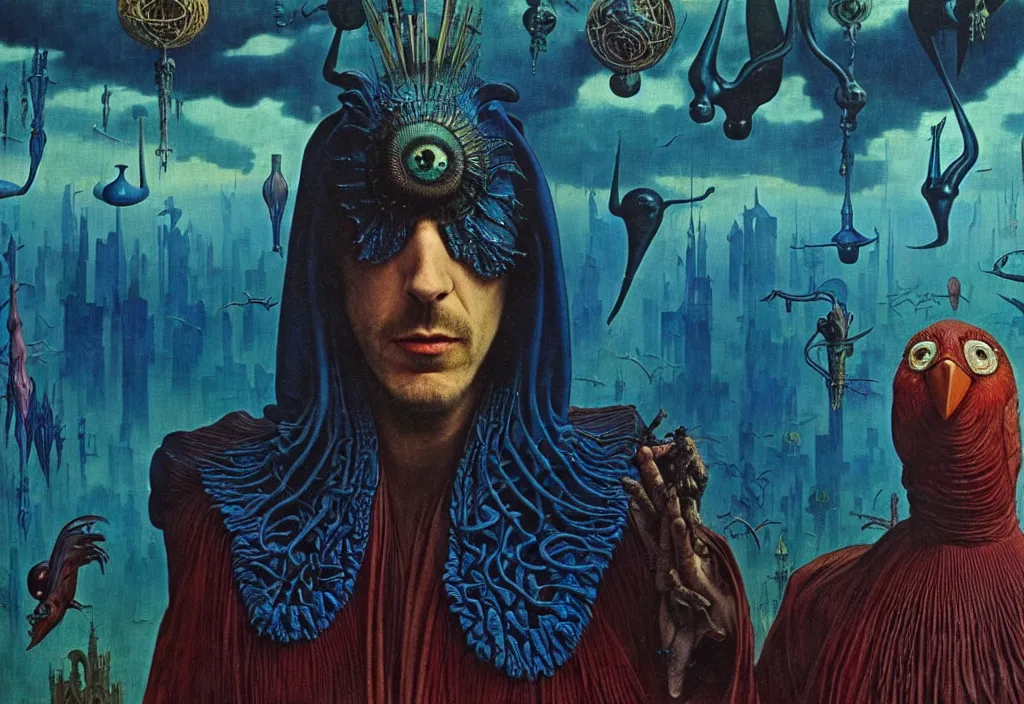 Image similar to realistic detailed portrait movie still of a birdman wearing dark robes, sci fi city landscape background by denis villeneuve, amano, yves tanguy, alphonse mucha, ernst haeckel, max ernst, roger dean, masterpiece, rich moody colours, cinematic, blue eyes, snarling dog teeth