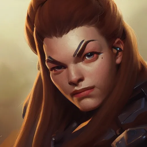 Image similar to very detailed masterpiece painting of brigitte from overwatch in a workshop, closeup, portrait, artstation, concept art by greg rutkowski