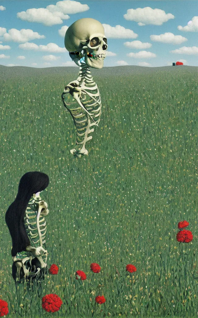 Image similar to human skeleton looking at you in distance in beautiful meadow of flowers, detailed painting by rene magritte