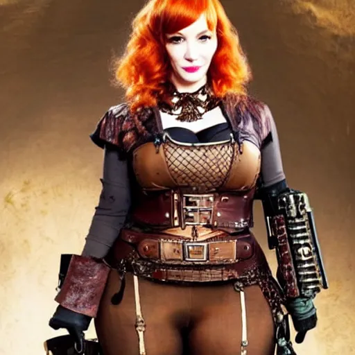 Image similar to full body photo of christina hendricks a steampunk warrior