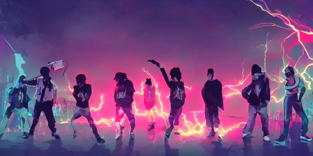 Image similar to Lightning rap battle, silhouettes, digital art, vapor wave, hip hop, graffiti, trending on Artstation, professional artist, detailed, 4k