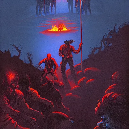 Image similar to torch wielding mob walking up a hill at night. Artwork by Frank Frazetta and dan Mumford. Horror feeling. Red and blue color scheme