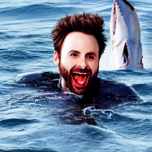 Image similar to Charlie Day from IASIP being eaten by a shark in the ocean.