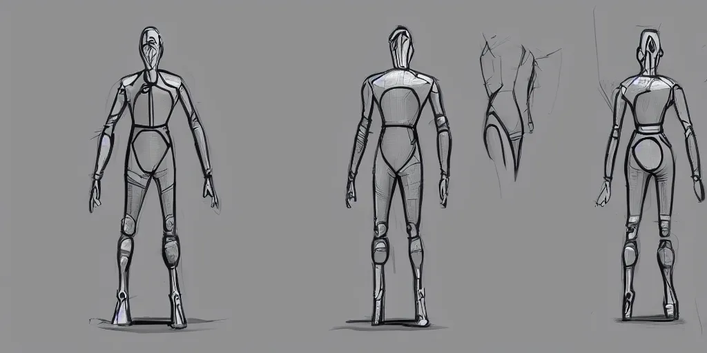 Prompt: male, elongated figure, space suit, concept art sketch, large shoulders, short torso, long thin legs, tiny feet, character sheet, very stylized, concept design